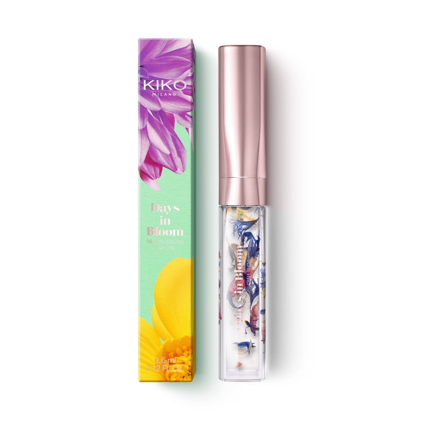 Nutri-Glow Lip Oil de la colección Days in Bloom de Kiko Milano (12,99 euros): un aceite labial transparente con pétalos de flores en su interior. Su textura es suave y no pegajosa y contiene ingredientes que ayudan a nutrir los labios. Se puede usar solo como bálsamo labial hidratante o sobre la barra de labios para potenciar su color.