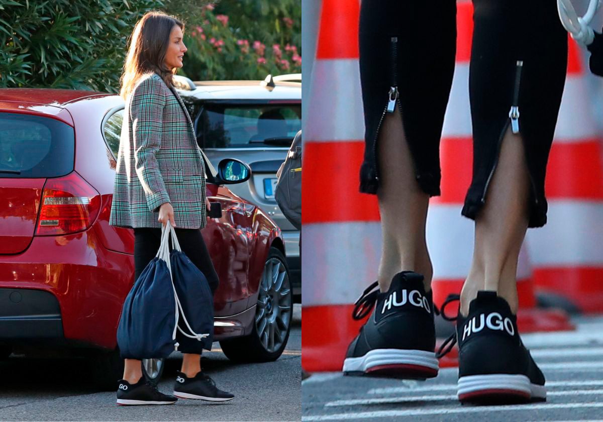 En 2019, para acompañar a sus hijas a su primer día de colegio, se decantó por una blazer de cuadros, unos leggins negros y unas zapatillas negras de Hugo Boss con el logo de la marca. 