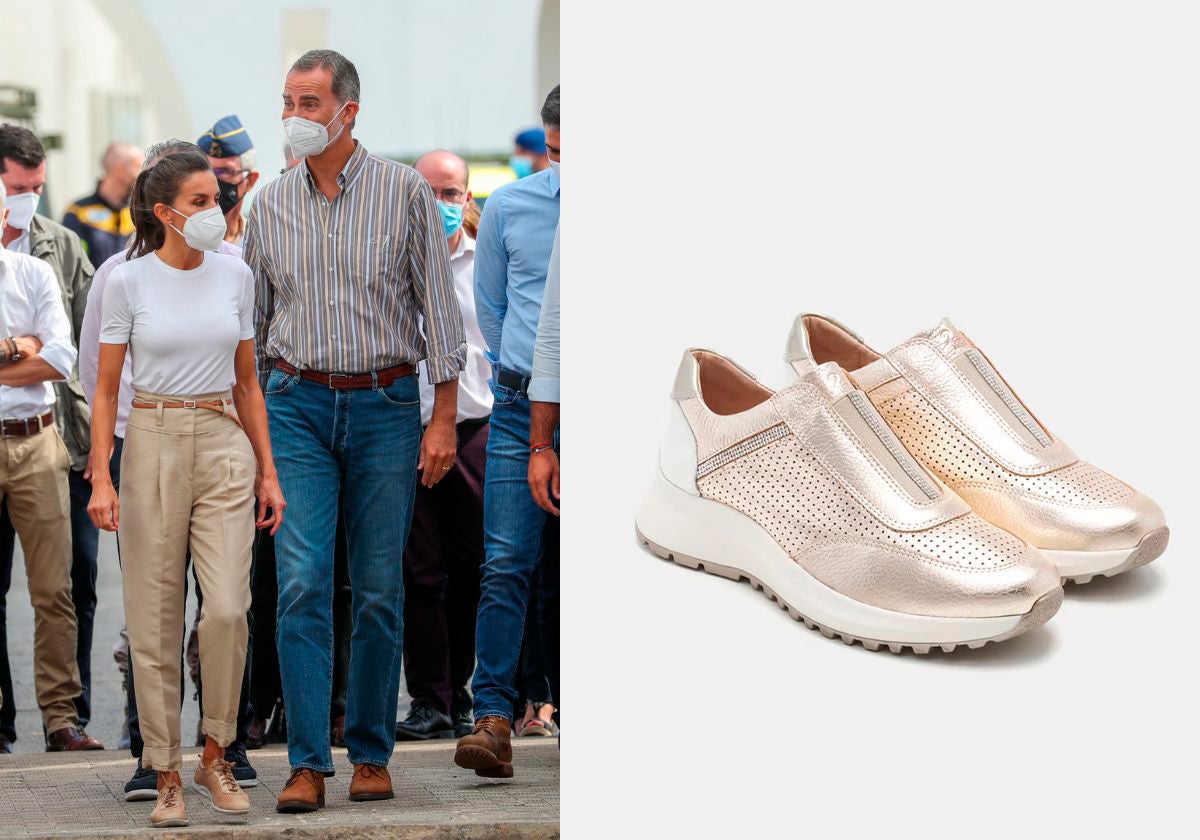 En 2021, Doña Letizia y Felipe VI visitaron Palma y la Reina combinó un pantalón camel con una camiseta de manga corta blanca y unas zapatillas de la marca española 24 HRS. El modelo que lleva la monarca era el 22127 en color nude y pertenecía a la Comfort 'The Lightest' de la firma, pero se encuentra totalmente agotado. Podría parecerse al 25995, disponible en El Corte Inglés por 98 euros.