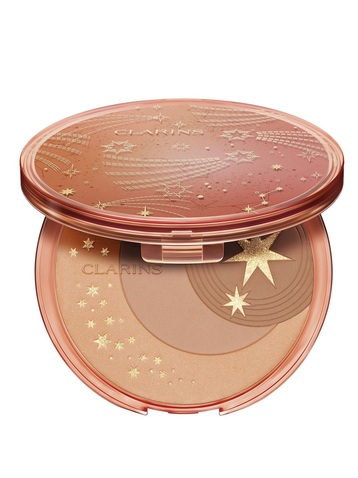 Polvos de sol Bronzing Compact Cosmic Edition de Clarins (52 euros). Polvos compactos que reflejan en la piel el poder de la energía solar, aportando un efecto buena cara instantáneo. Su textura ultrafina se funde con la piel liberando una fragancia suave y cautivadora con aromas relajantes. Una fórmula elaborada con un 96% de ingredientes naturales que incluye aceite de coco bio que reconforta la piel, y un complejo anticontaminación.