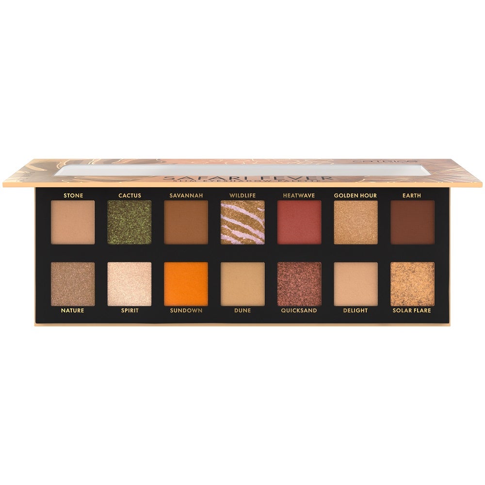 Paleta de sombras de ojos Safari Fever Slim de Catrice (11,99 euros). Incluye 14 tonos altamente pigmentados inspirados en flores, mar o safari, con texturas mate, brillantes y metalizadas de larga duración.