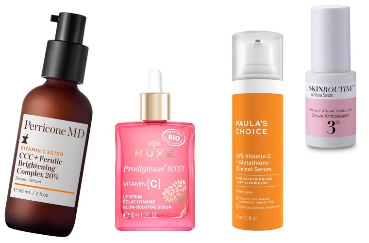 Sérums antioxidnates: CCC+ Ferulic Brightening Serum de Perricone (171 euros); Vitamina [C] Sérum Luminosidad multi-corrección, Prodigieuse® Boost de Nuxe (40,40 euros); Sérum 25 % Vitamina C + Glutation de Paula’s Choice (69 euros);Sérum Antioxidante de SkinRoutine by Paloma Sancho (33,90 euros).