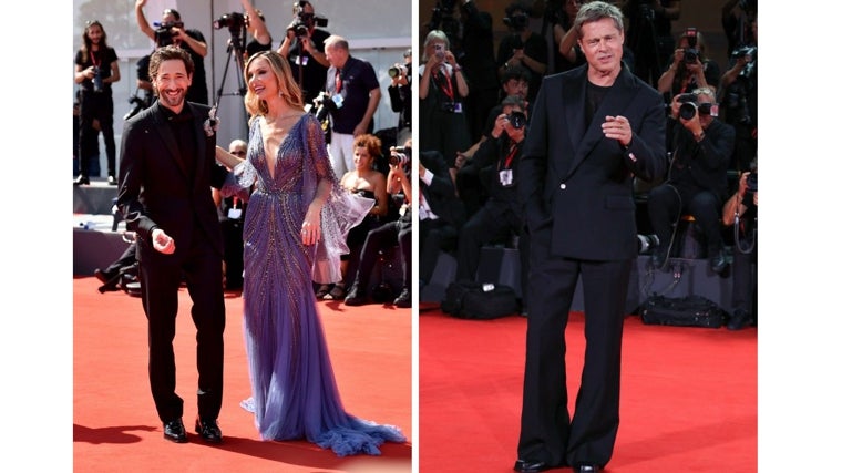 Adrien Brody y Georgina Chapman, diseñadora y pareja del actor, en la alfombra roja de Venecia, al igual que Brad Pitt, quien posa con un moderno diseño de Louis Vuitton