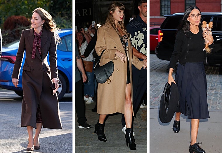 Kate Middleton y Taylor Swift visten abrigos sastre, mientras que Demi Moore luce por Nueva York un cárdigan, prenda estrella de este otoño-invierno 2024, según Miu Miu, Prada y Loewe, entre otras firmas de lujo.