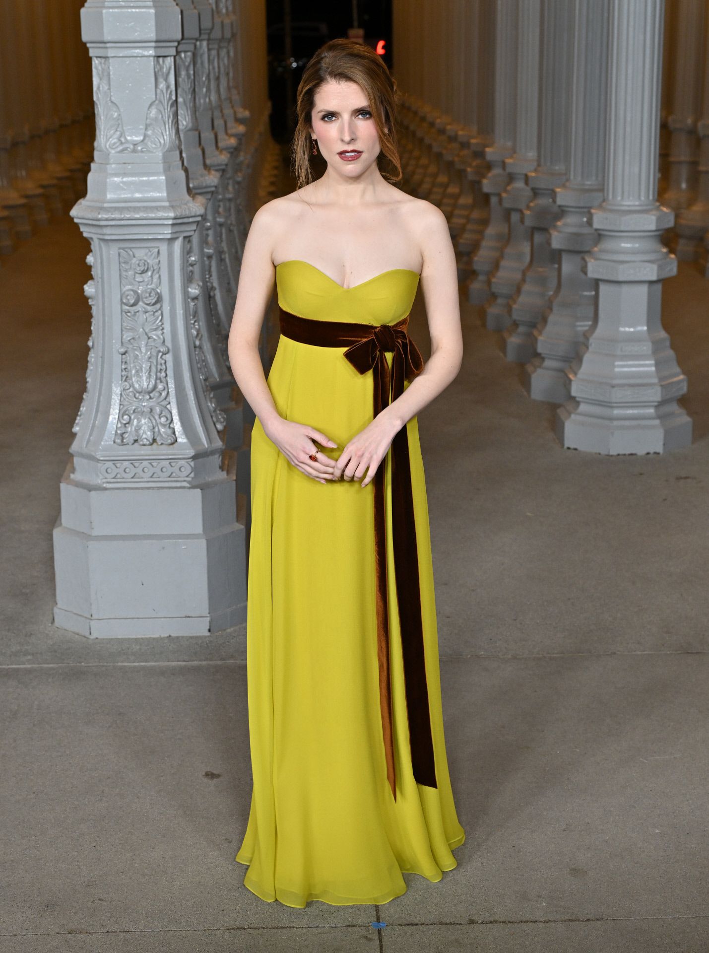 Anna Kendrick llevó un vestido de gasa con escote palabra de honor de color mostaza,  adornado con lazo marrón de terciopelo. Lo combinó con un recogido clásico. 