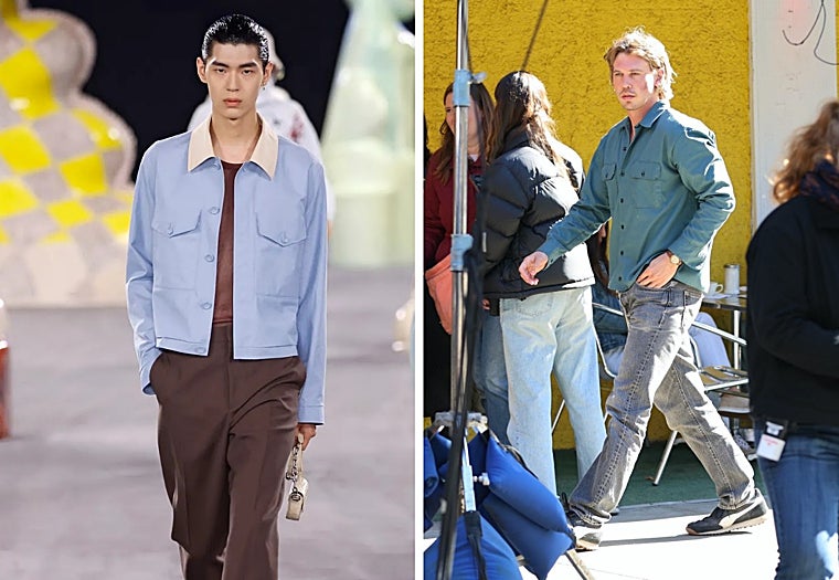 Look de primavera-verano 2025 de Dior y el cantante y actor Austin Butler con una sobrecamisa, vaqueros grises y zapas Puma, tres hits de moda.