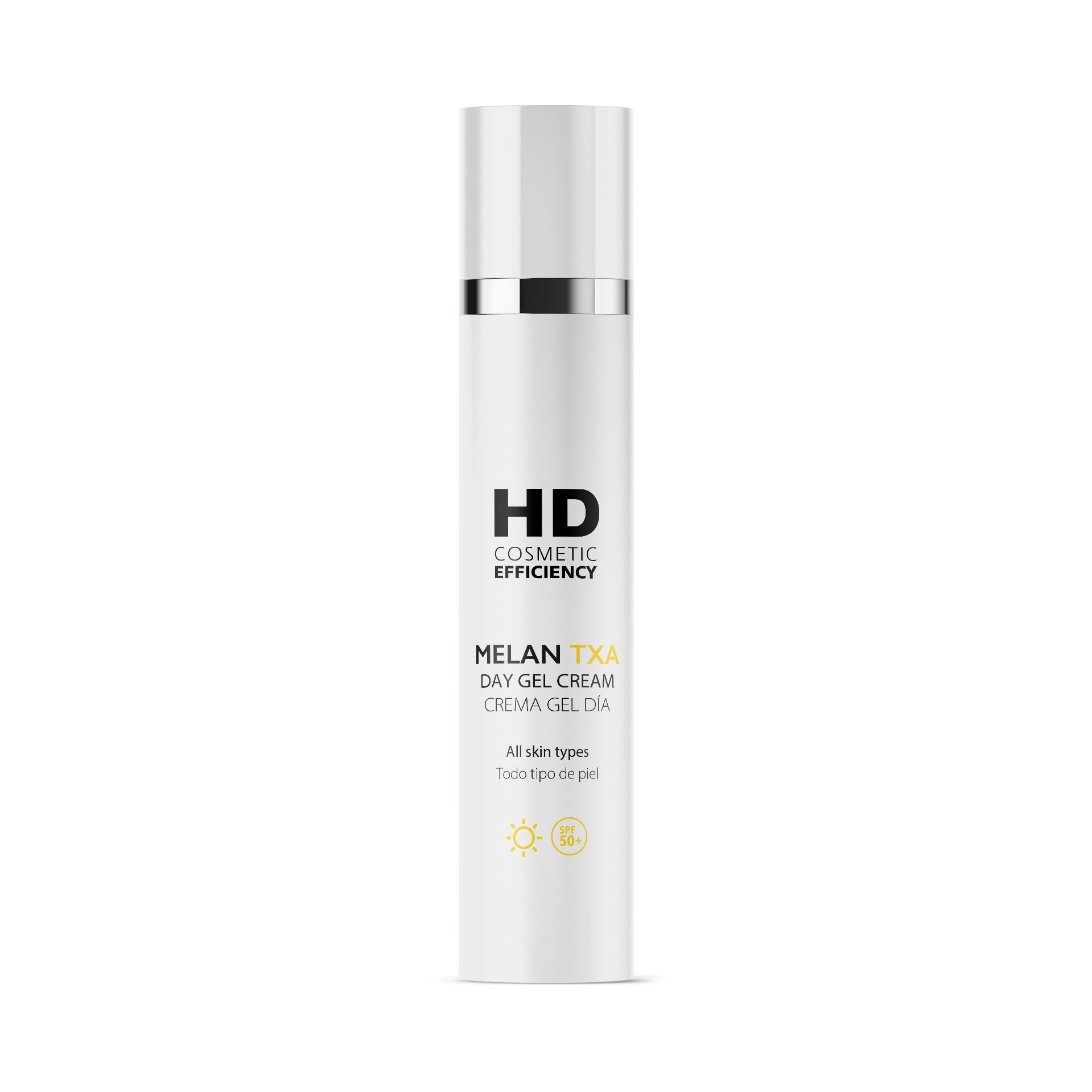 Crema de día HD Melan Txa de HD Cosmetic Efficiency (37,04 euros). Crema gel ligera con una doble acción: ofrece un cuidado integral despigmentante y una protección solar frente a radiaciones UVA, UVB e IR. En su fórmula incluye Melanin-W, ácido tranexámico, ácido kójico, vitamina C encapsulada, ácido hialurónico, pigmentos iluminadores y filtros solares.
