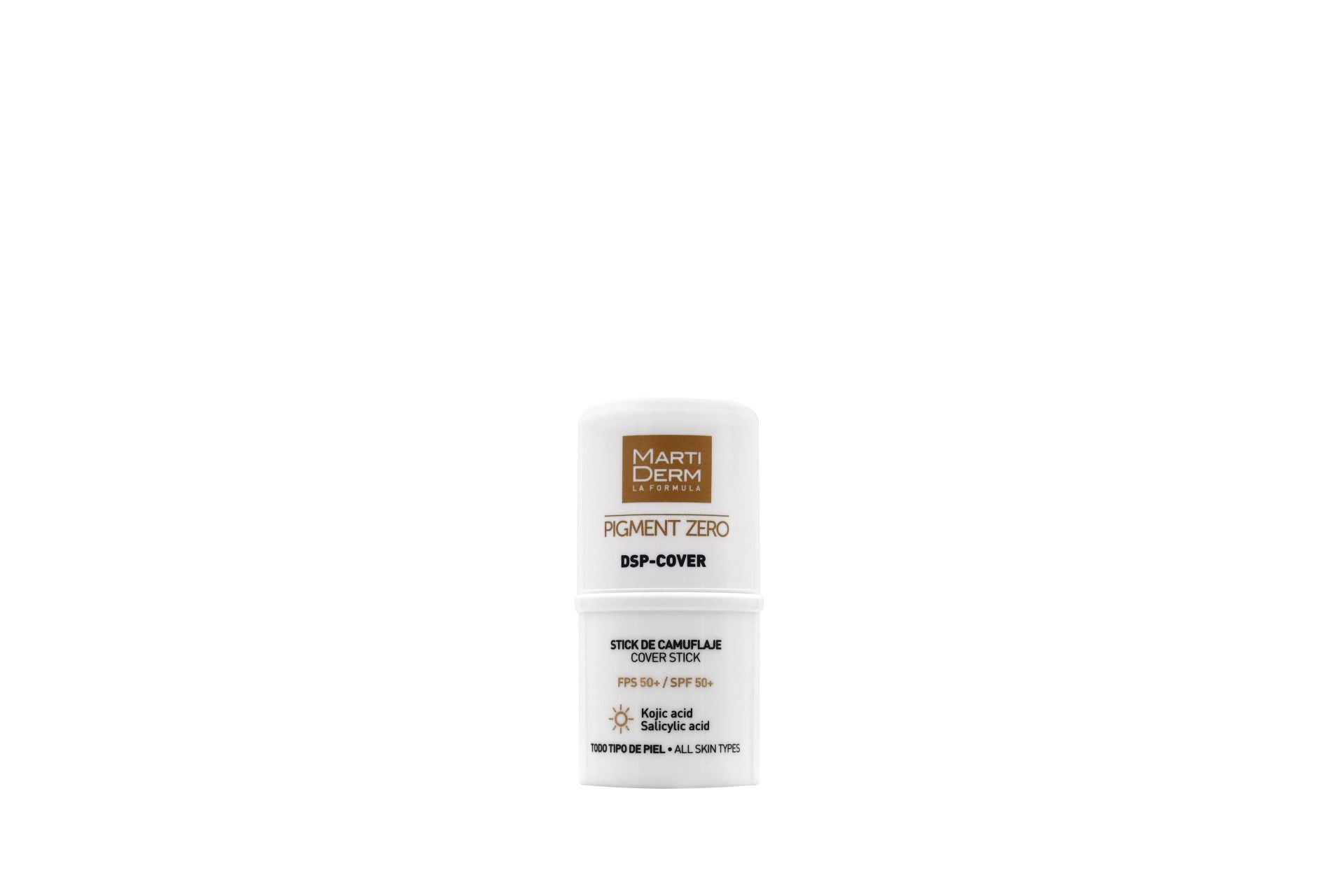 DSP-Cover Stick Despigmentante de Martiderm (17,95 euros). Stick despigmentante con factor de protección muy alta (SPF 50+) diseñado para prevenir, reducir y camuflar manchas en la piel. Está formulado con ácido kójico y ácido salicílico.