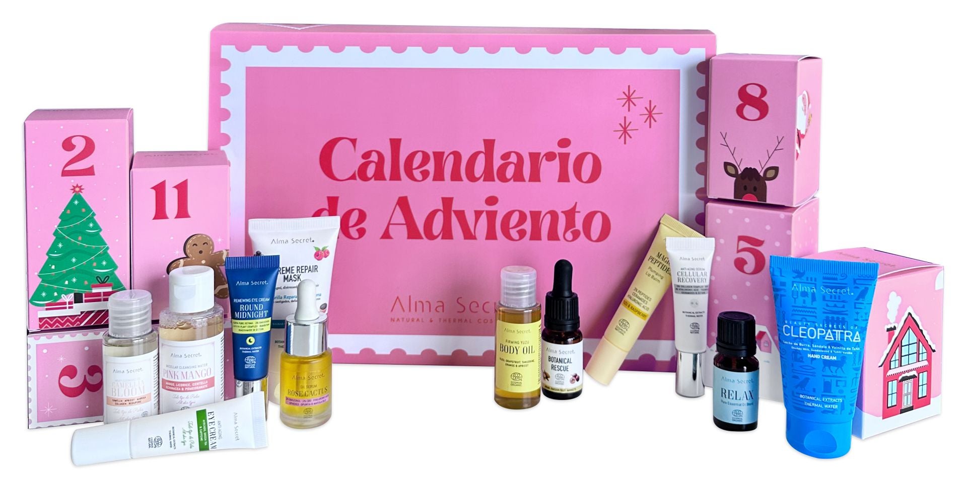 Calendario de adviento de Alma Secret (67,32 euros). Su valor real asciende a 153 euros e incluye 12 productos de esta marca española que se caracteriza por el desarrollo de cosmética natural. Algunos de los cosméticos están incluidos en su tamaño real como el bálsamo labial Magic Peptides o el contorno de ojos Round Midnight.