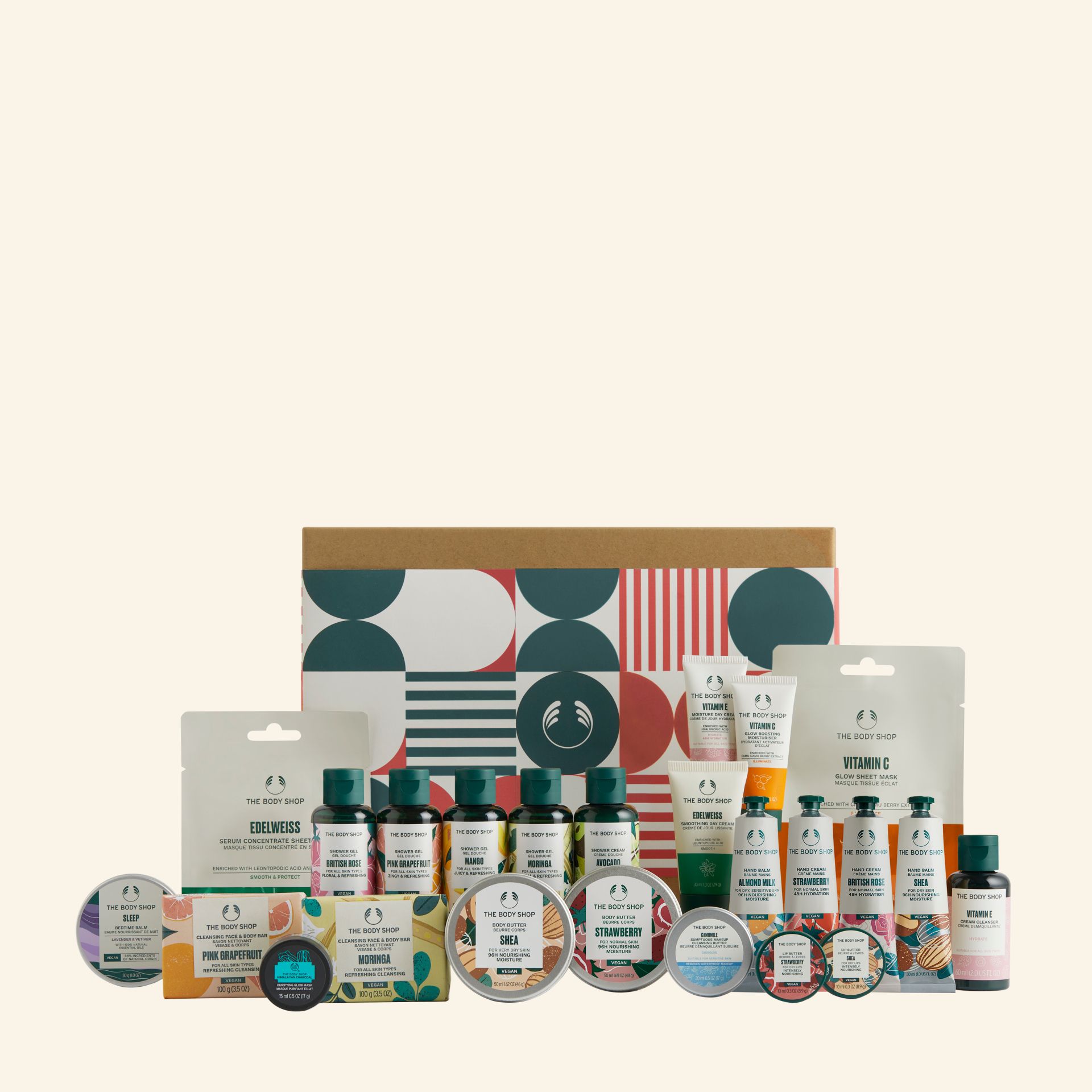 Calendario de adviento Goodness de The Body Shop (75 euros). 24 productos, en tamaño de viaje, con ingredientes increíbles que te sorprenderán cada día de diciembre. Desde mascarillas faciales hasta bálsamos para la hora de dormir, cada producto está envuelto y numerado individualmente.