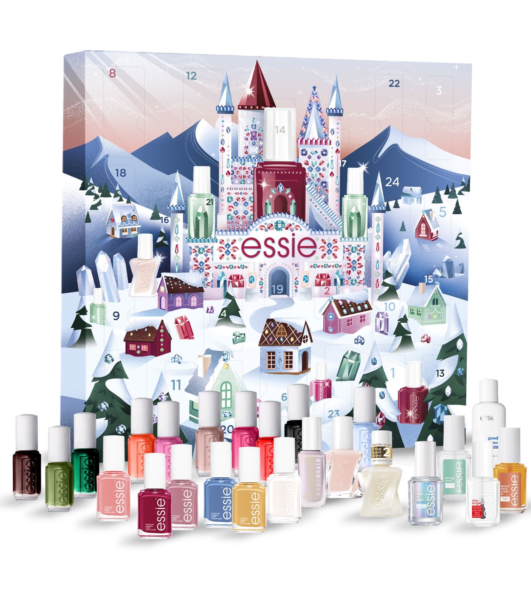 Calendario de adviento de Essie (59,99 euros). Un total de 24 sorpresas que combina todas las gamas de la marca: esmaltes clásicos, larga duración, secado rápido y tratamientos. Nueve de los productos son en formato estándar - de los cuales seis son ediciones limitadas - y 15 minitallas (incluyendo un mini quitaesmalte).