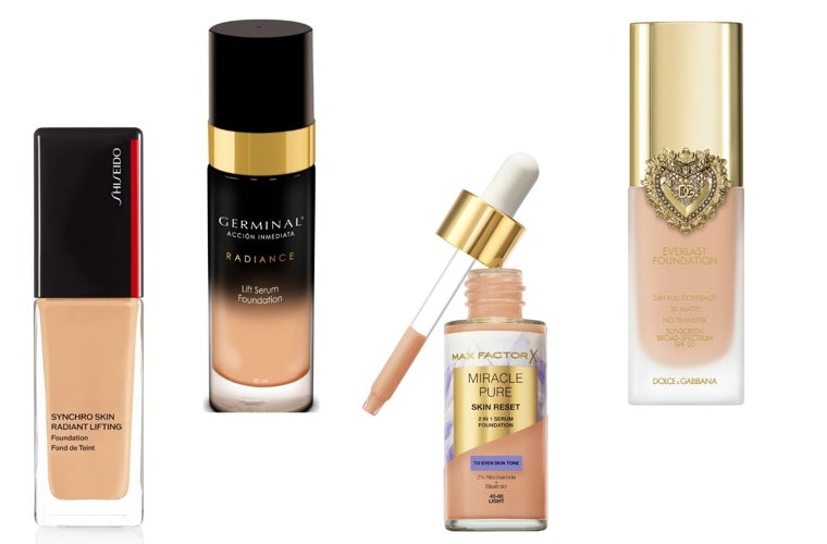 Base de maquillaje Synchro Skin Radiant Lifting de Shiseido (70 euros), Base de maquillaje con doble efecto flash Lift Serum Radiance de Germinal (42 euros); Miracle Pure Skin Reset de Max Factor (14,95 euros) y Everlast Foundation – 24H Full Coverage de Dolce&Gabbana (59 euros).