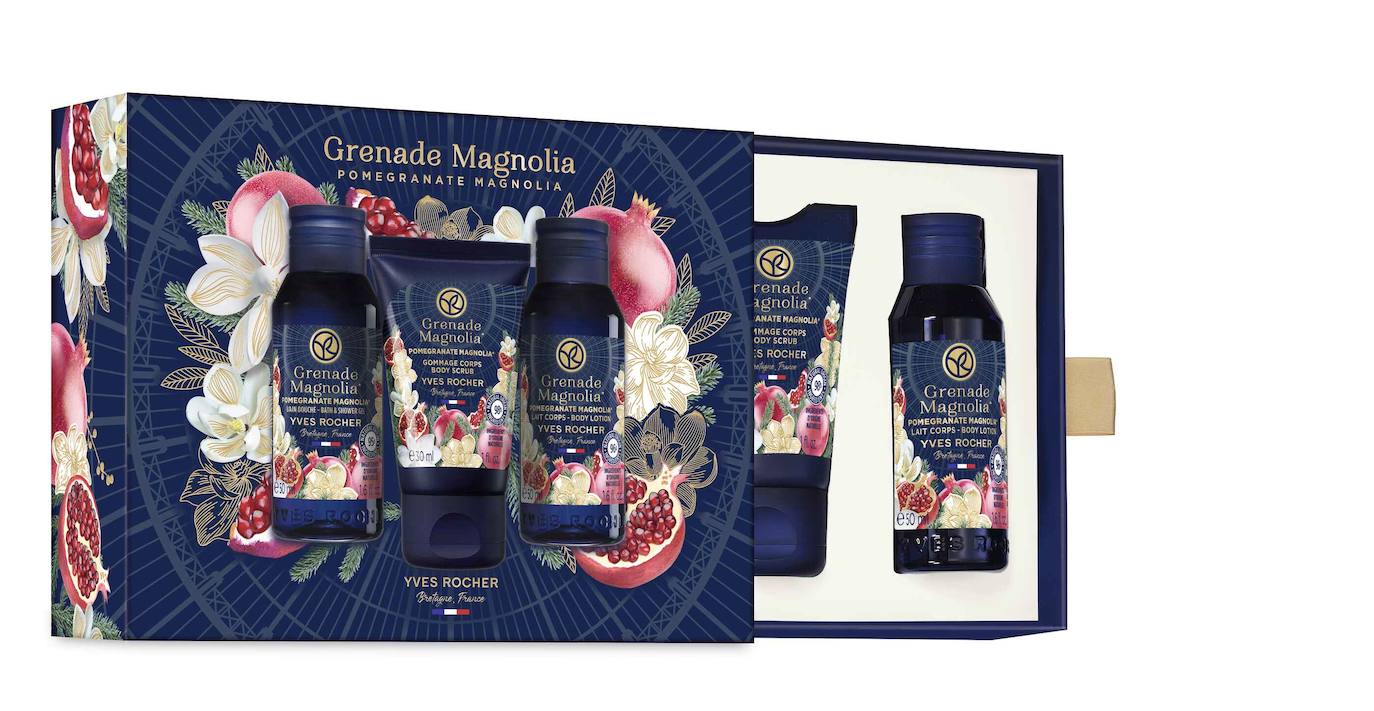Kit Granada y Magnolia de Yves Rocher (9,95 euros). Un cofre que te invita a descubrir el delicioso aroma de esta nueva línea en edición limitada. Creada para las amantes de las fragancias dulces, frescas y afrutadas. En él encontrarás la Leche Corporal, el Exfoliante Corporal y el Gel de Ducha. 