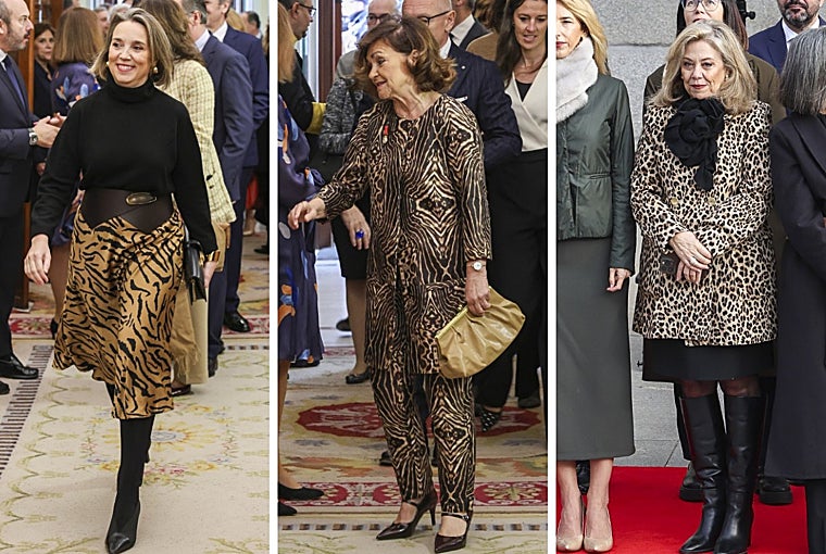 Cuca Gamarra, Carmen Calvo y Macarena Montesinos vistieron prendas con estampado felino en el aniversario de la Constitución española.
