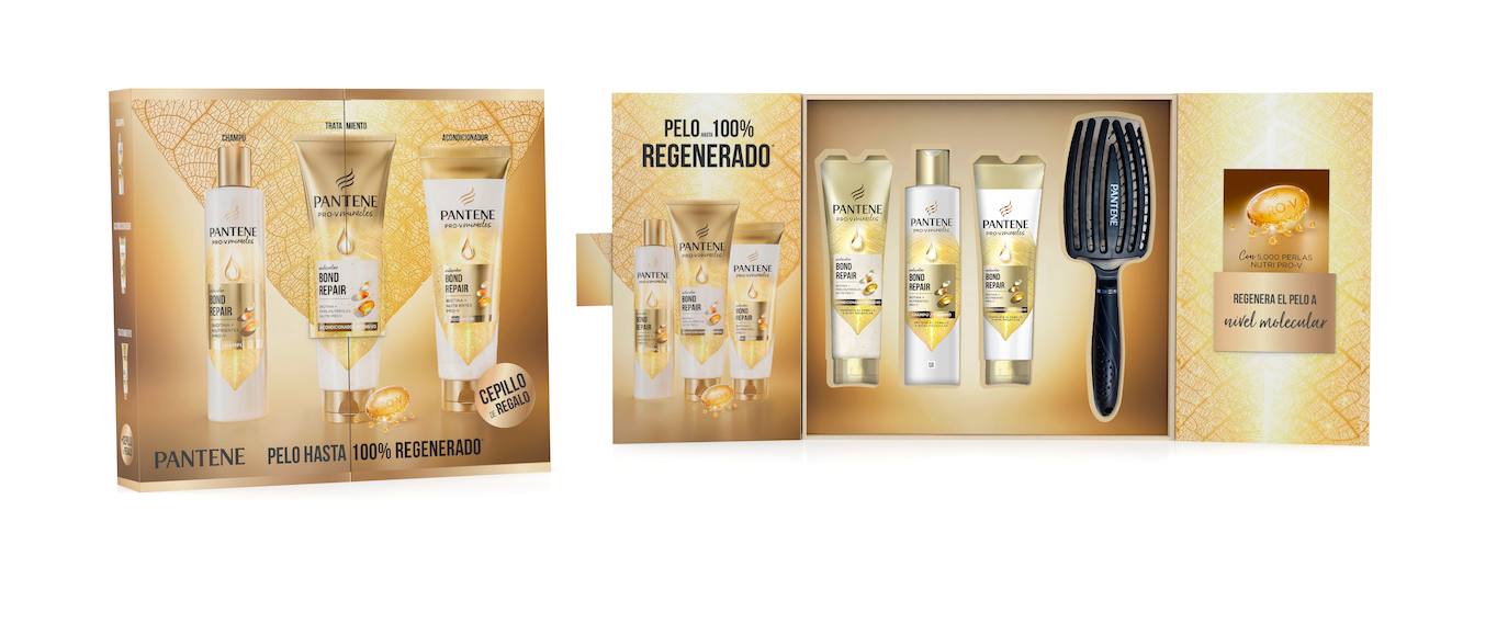 Pack Navidad Bond Repair de Pantene (19,19 euros en Clarel). Clarel ofrece estas fiestas un montón de opciones para regalar belleza, además tiene ofertas exclusivas. Hemos seleccionado este set para el cuidar el pelo con el tratamiento intensivo Bond Repair de Pantene que actúa restaurando los enlaces del cabello y protegiendo las fibras del pelo seco y maltratado.  Este pack está formado por el champú, acondicionador, tratamiento y un peine. Además, incluye toda la información necesaria para conocer la gama en profundidad.