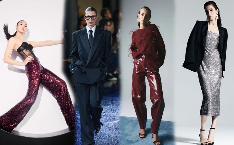 Imagen principal - Pantalón de lentejuezas de Calzedonia, desfile de Saint Laurent, pantalón de vinilo de Redondo Brand y vestido de lentejuelas de Bimani; Corsé de Beatriz de la Cámara (735€) y falda de lentejuelas de Bimani (150€)