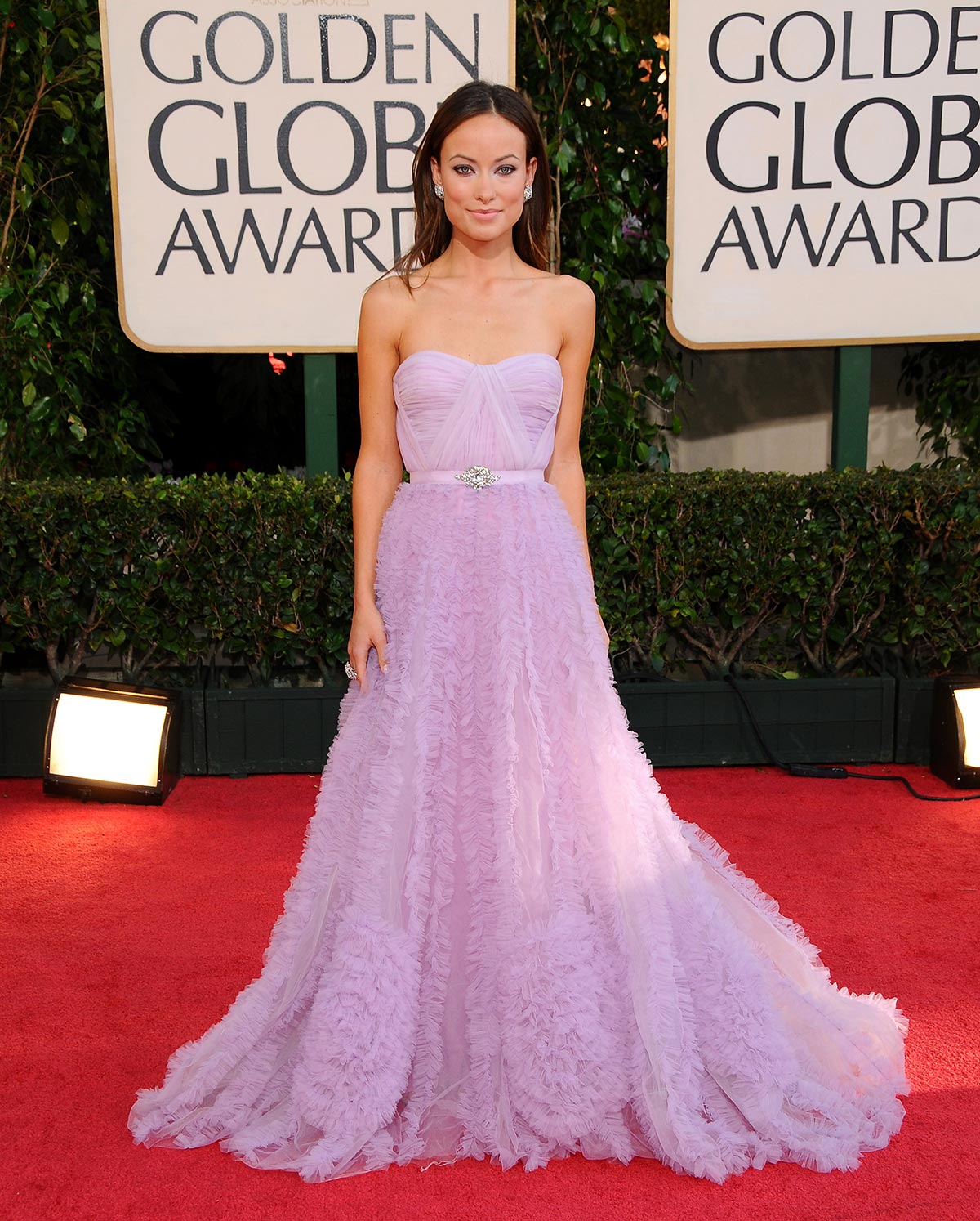 Olivia Wilde se enfundó en un vestido malva con cuerpo encosertado palabra de honor y na falda de tul con mini volantes. Fue en 2009 y lo firmó Reem Acra. 