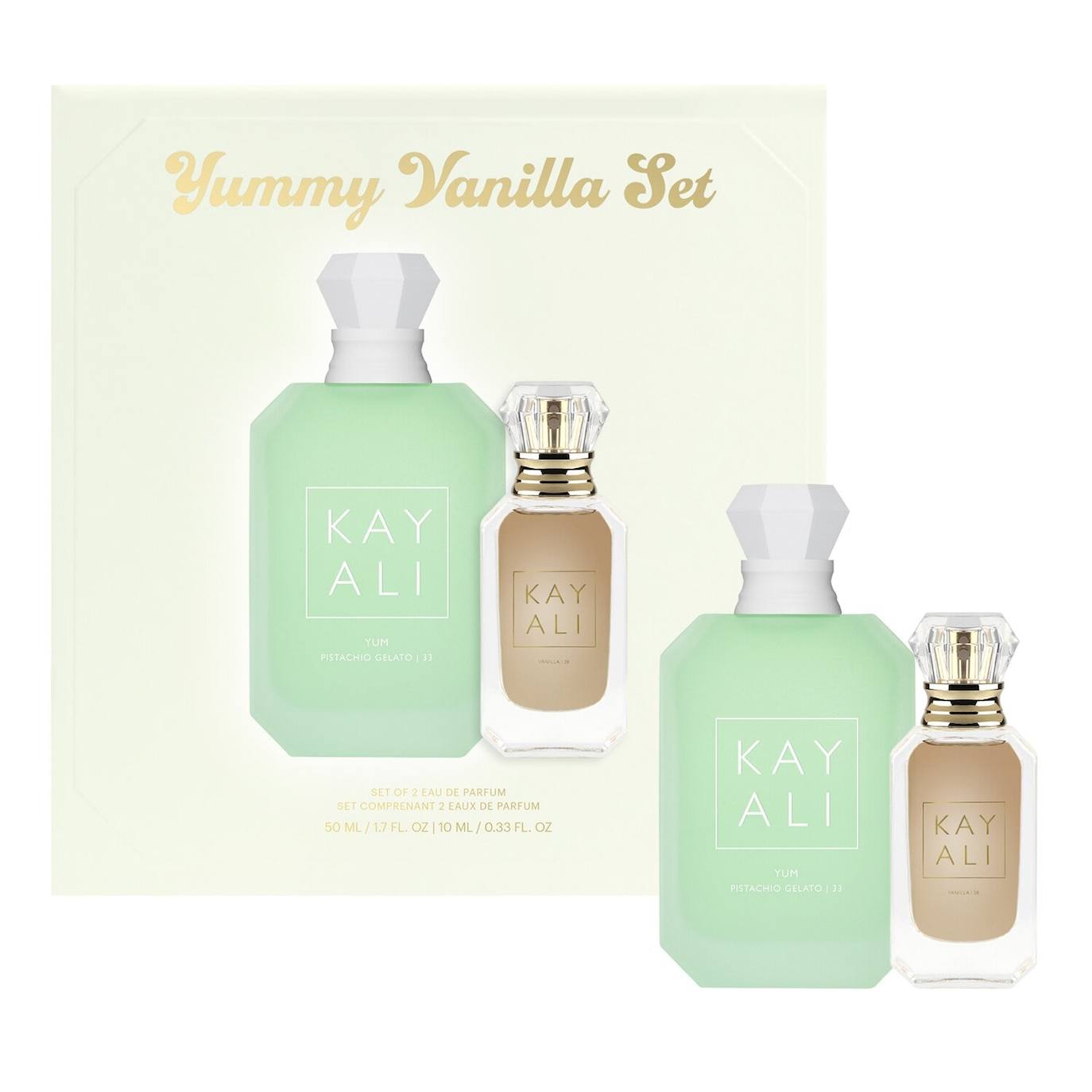 Yummy Vanilla EDP de KayAli (95 euros, solo en Sephora). Decadente y delicioso, este cofre es el sueño de cualquier gourmet hecho realidad. De edición limitada, incluye el Eau de Parfum Yum Pistachio Gelato, deliciosamente intenso (en formato de 50 ml) y el icónico Eau de Parfum Vainilla (en formato de 10 ml). 