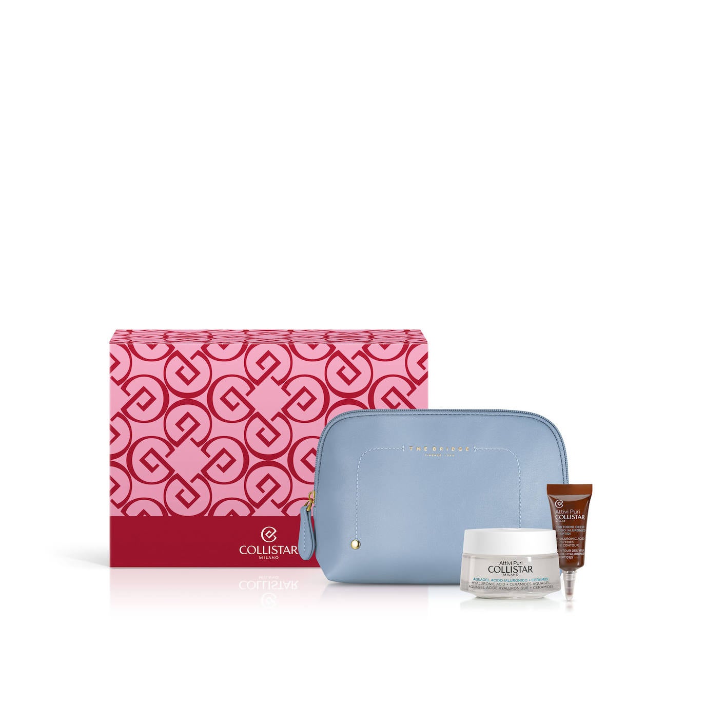 Collistar Attivi Puri Xmas Set (49 euros). Este set viene con un elegante neceser de la firma italiana The Bridge, e incluye la Crema AquaGel ácido hialurónico y ceramidas, ideal para mantener la piel hidratada en invierno, gracias a sus principios humectantes, y el contorno de ojos ácido hialurónico + péptidos, formulado con un 97% de ingredientes naturales, entre los que destacan cuatro tipos de ácido hialurónico de diferente peso molecular, tres péptidos con acción alisadora, antibolsas y antiojeras y extracto de ginseng que protege frente a la luz azul.