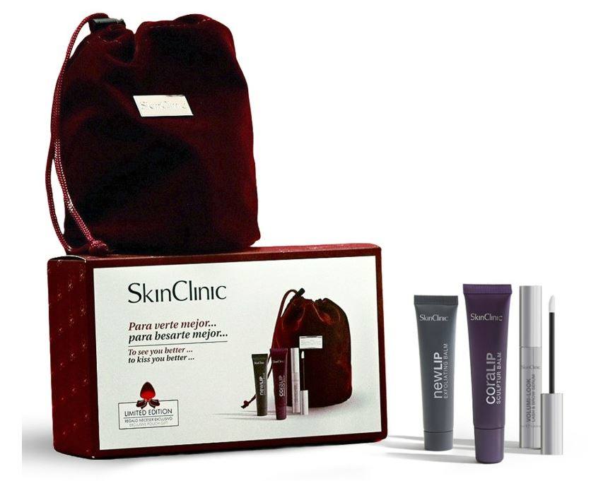 Pack Caperucita Roja de SkinClinic (85 euros). Esta bolsa de terciopelo roja incluye tres productos para cuidar tus labios (Newlip y Coralip) y tus cejas y pestañas (Volumi-Look). 