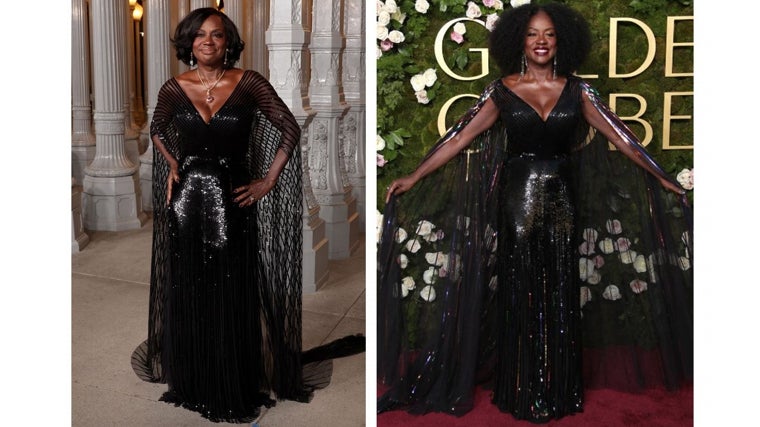 Viola Davis con el vestido de Gucci intervenido para los Globos de Oro y el mismo modelo que estrenó en los LACMA en noviembre y que según ha comentado la actriz a Vogue «me lo pondría mil veces» //