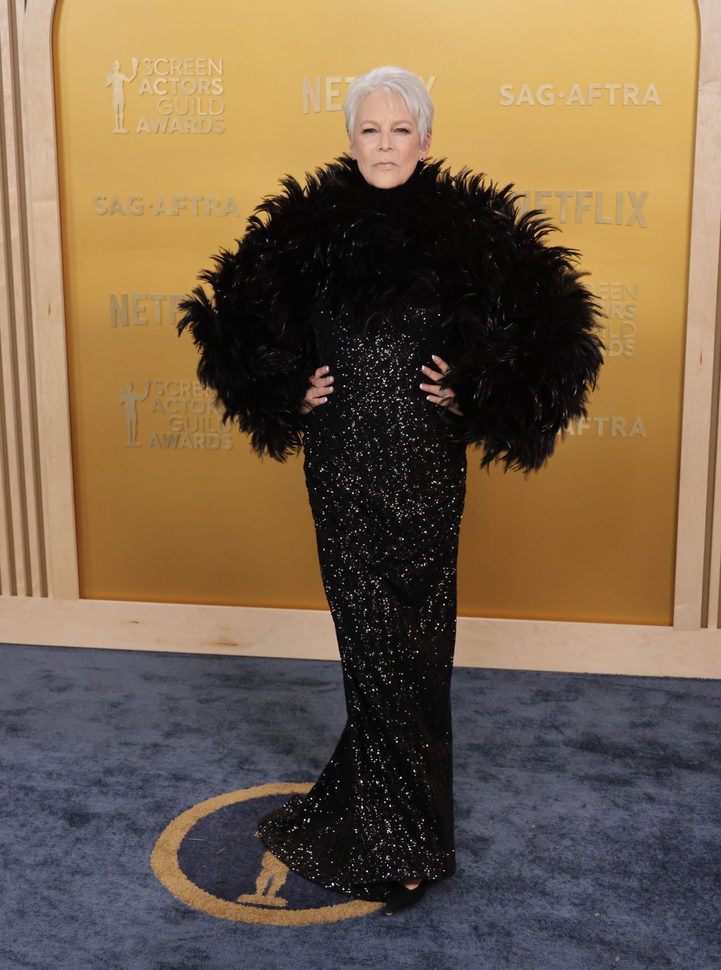 Jamie Lee Curtis escogió un llamativo diseño con  cuerpo de lentejuelas negras y una llamativa parte superior repleta de plumas. 