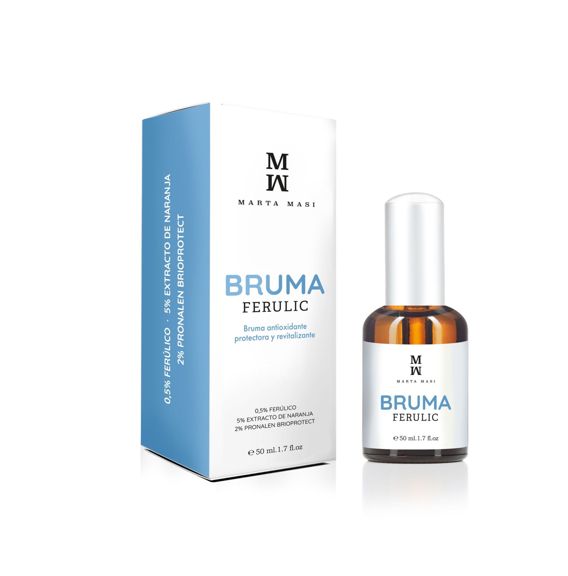 MM Bruma Facial de Marta Masi (19,90 €). Una bruma antioxidante que protege de las agresiones externas derivadas de la radiación UV, los radicales libres y la contaminación urbana. Con su dosificador en bruma ultrafino hace que la aplicación sea fácil, cómoda y muy sensorial, pudiendo aplicar incluso encima del maquillaje. En su fórmula hay un 0,5% de ácido ferúlico, un potente antioxidante con propiedades despigmentantes y antiinflamatorias, un 5% de extracto de naranja, antioxidante y un 2% de pronalen bioprotect, combinación de ingredientes antioxidantes que protege la membrana celular de la polución urbana y los daños de la radiación UV.