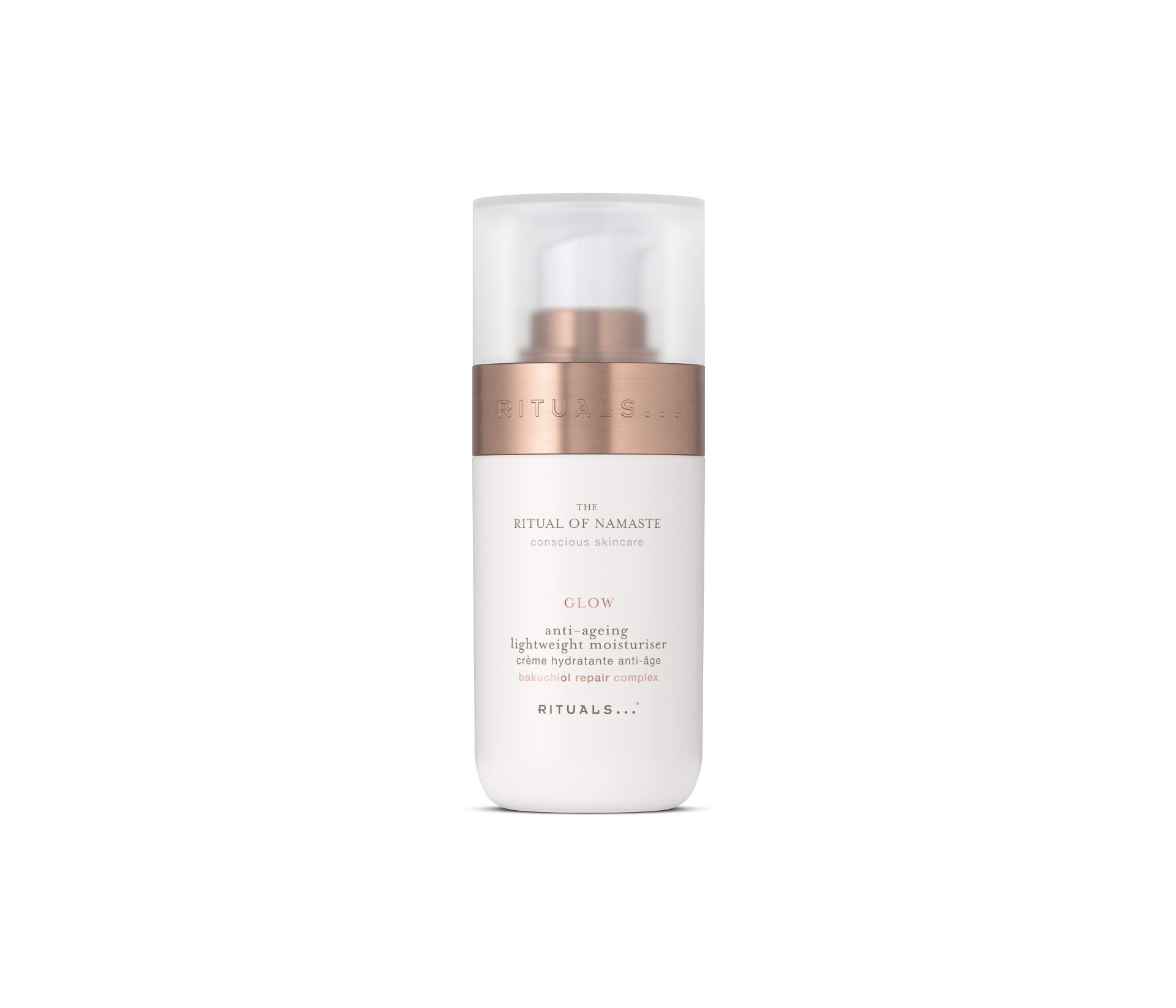 The Ritual of Namaste The Anti-Aging Lightweight Moisturizer de Rituals (34,90 €). Emulsión fina, con un 95% de ingredientes de origen natural, que ayuda a reducir las arrugas, minimizar el aspecto de las manchas y proteger la piel de la contaminación. En su fórmula, un complejo reparador de bakuchiol e índigo silvestre, además de pre y probióticos.