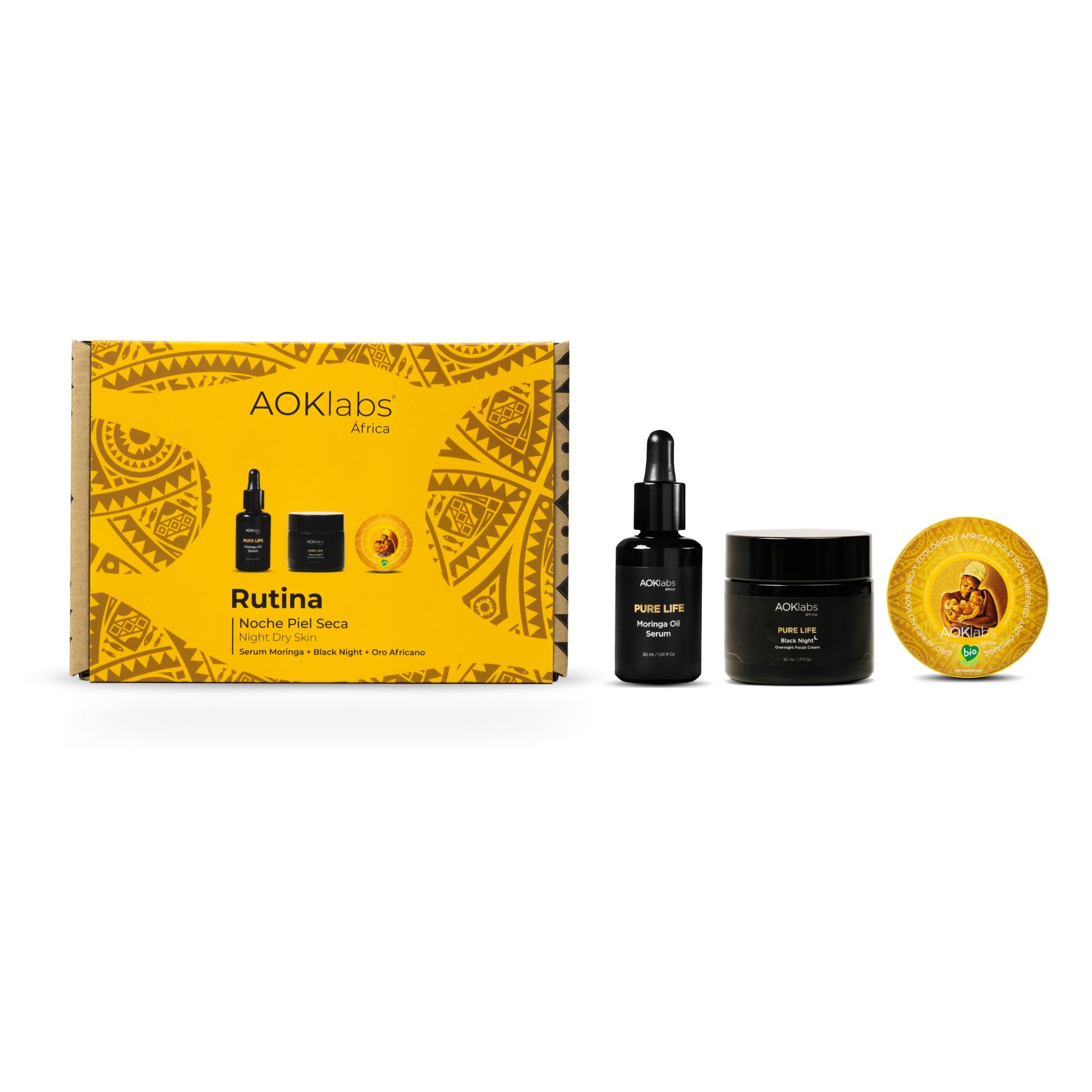 Rutina Noche Piel Seca de AOKlabs (86,03 euros).  Compuesto por Moringa Oil Serum, con más de 46 activos antioxidantes naturales y especialmente indicado para pieles maduras, frágiles y sensibles; Crema Black Night, ligera y de rápida absorción, que deja un acabado lifting visible gracias al efecto tensor que proporciona la kigelia africana y al efecto botox like de la pimienta de Sichuan, y Oro Africano, manteca de karité 100% natural, sin refinar, sin aditivos y certificada.