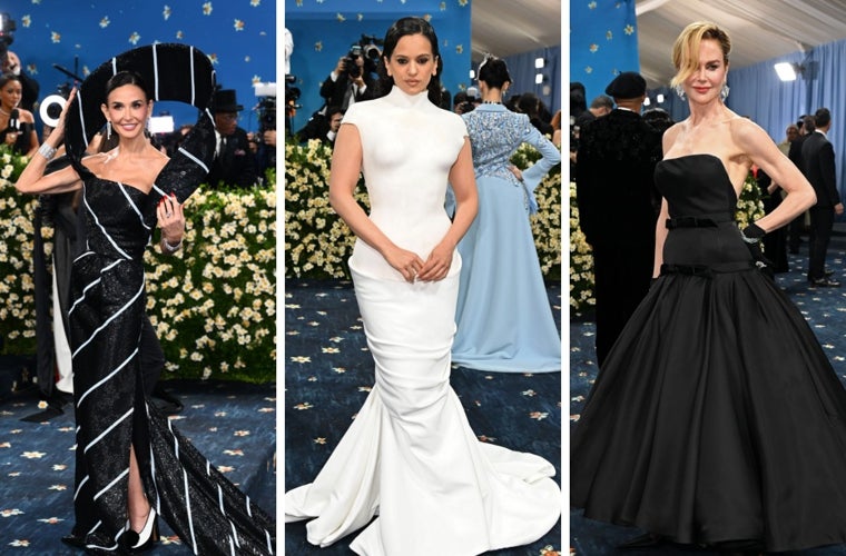 Demi Moore (Thom Browne), Rosalía (Balmain) y Nicole Kidman (Balenciaga).