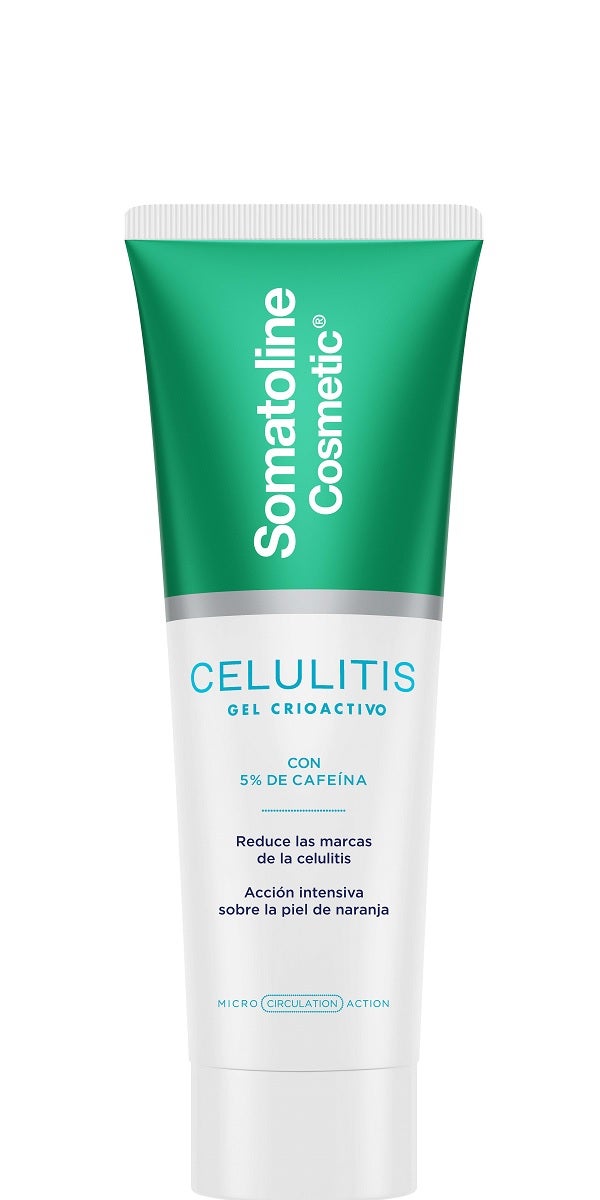 Celulitis Gel Crioactivo de Somatoline Cosmetic (44,90 euros). Tratamiento anticelulítico recomendado para mujeres con celulitis acuosa y con varices y/o arañas vasculares a las que le viene mejor el frío en la piel. Su fórmula en textura gel con efecto crioactivo se absorbe fácilmente, alivia la pesadez en las piernas y está enriquecida con principios activos específicos contra la celulitis que reactivan la microcirculación, como la cafeína, el extracto de maca y el extracto de Physalis Angulata. 