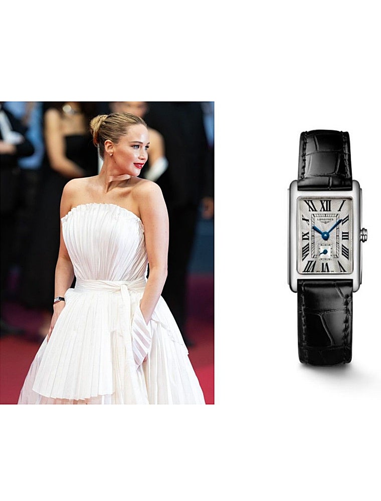 Jennifer Lawrence con un diseño actualizado de Dior de 1949 y reloj Mini Dolcevita de Longines