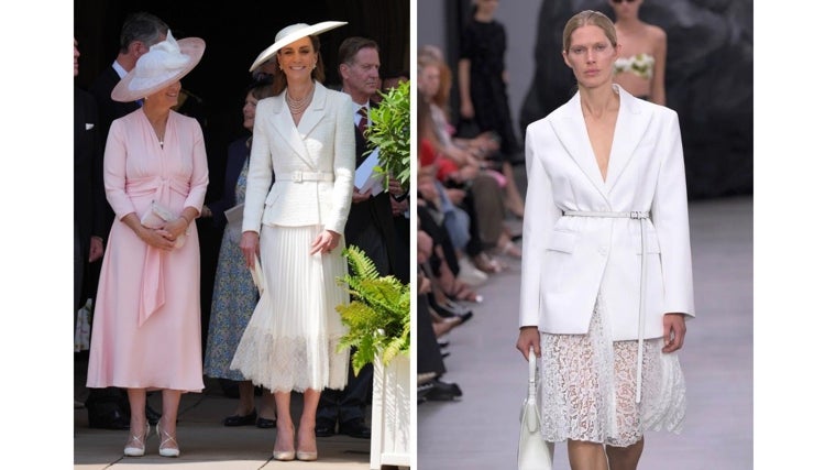 Kate Middleton con un traje de chaqueta blanco y con puntillas, y look de desfile de primavera-verano 2025 de Michael Kors Collection