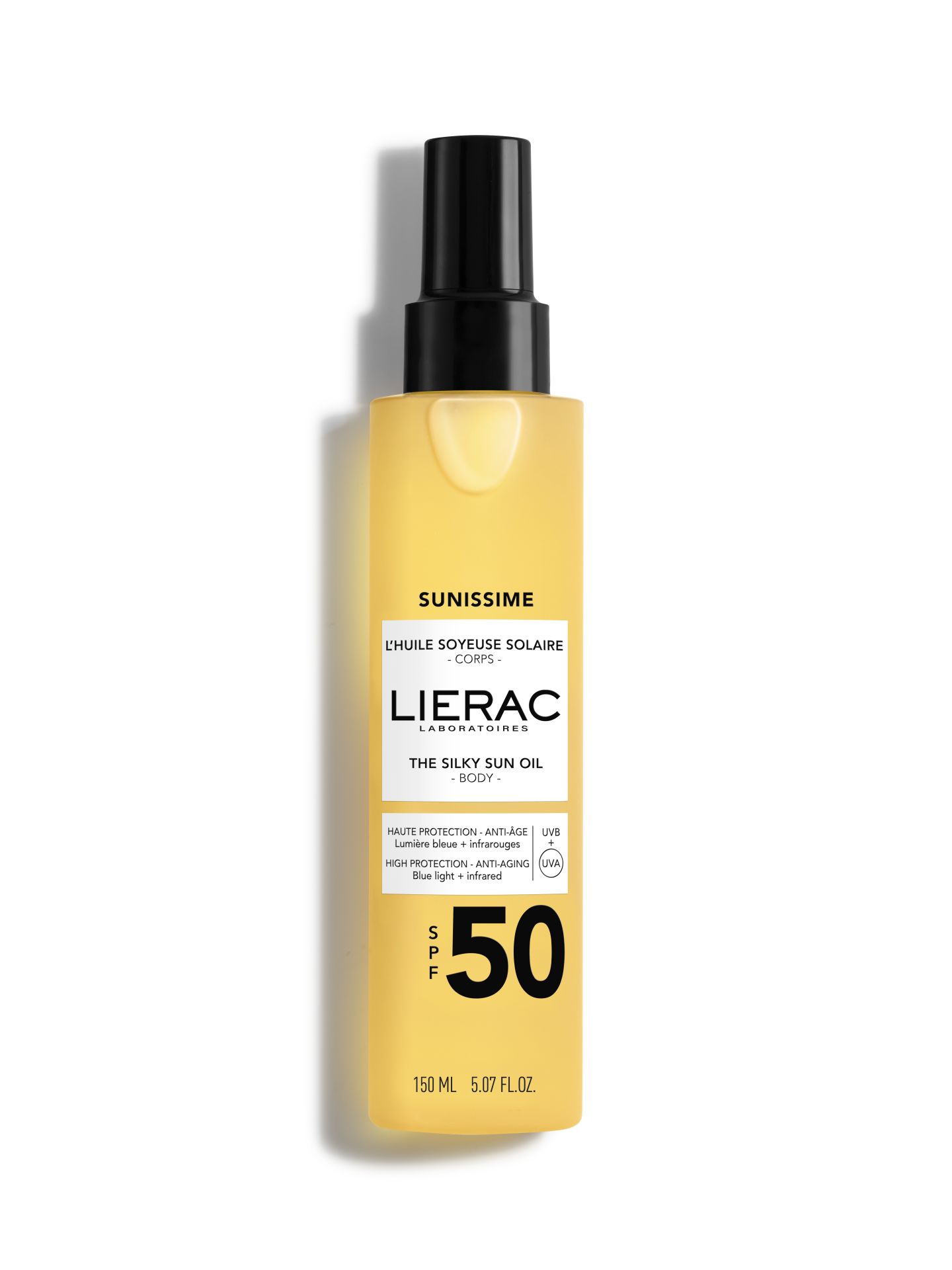 Aceite Solar Sedoso SPF 50 de Lierac (29 euros). Aceite corporal que aúna alta protección y sensorialidad junto a la fragancia de la gama Sunissime. De tacto seco, y acabado satinado, nutre la piel, a la vez que protege, gracias a una fórmula que incluye extracto de alga marrón, aceite vegetal y un sistema de filtros de amplio espectro UVA/UVB y protección frente a infrarrojos y luz azul.