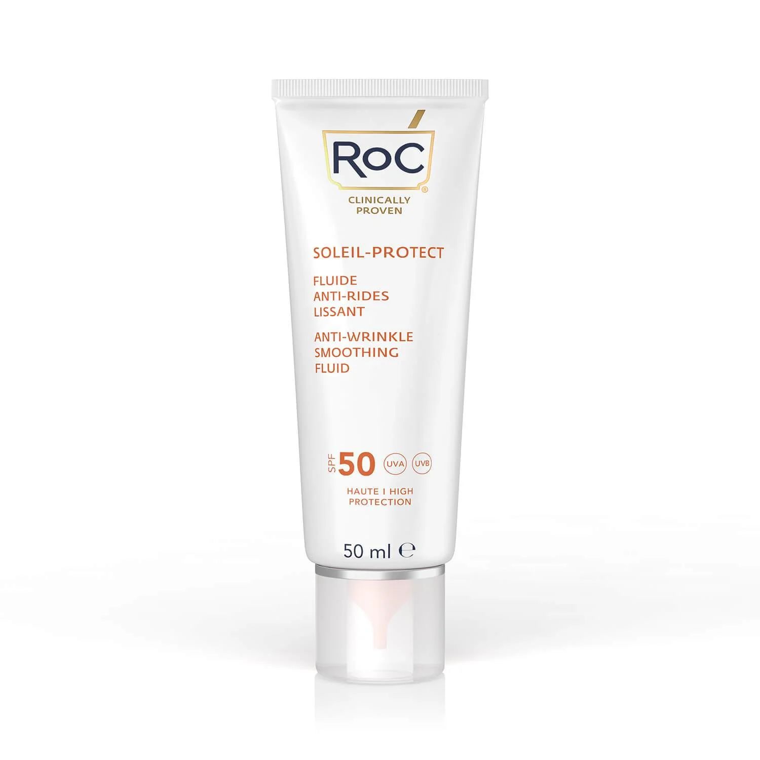 Soleil-Protect Protector solar antiarrugas SPF50 de Roc (26,90 euros). Esta crema, además de ser protectora, reduce visiblemente las arrugas y protege y mejora la apariencia de la piel. Tiene una textura muy ligera que penetra rápidamente y no deja residuos blancos. Es apta para todo tipo de pieles, incluso sensibles.