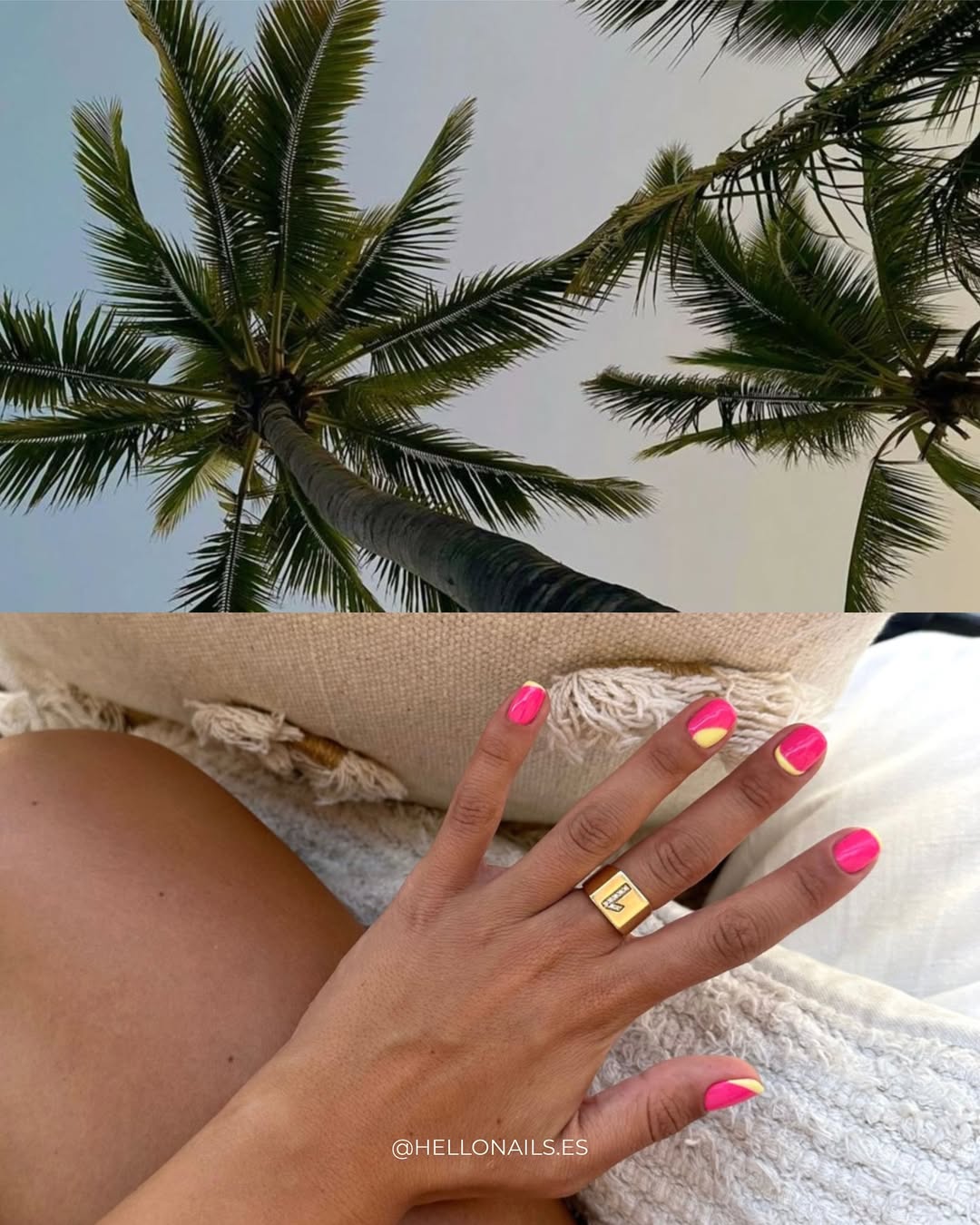 También es posible elegir diseños diferentes para cada uña, combinando dos colores como el fucsia y el amarillo mantequilla. 