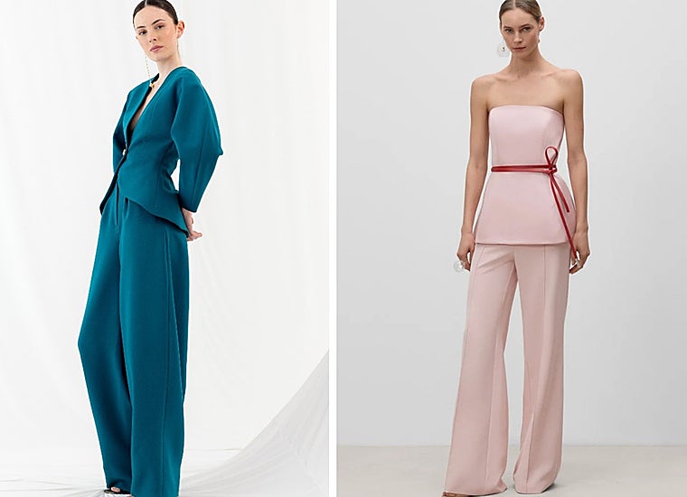 A la izquierda, el traje de mujer Amapola de Claro Couture (1200 euros) y, a la derecha, un dos piezas de Simorra (Precio rebajado: 188 euros)
