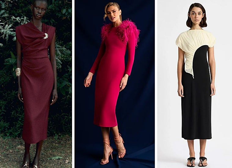 A la izquierda, vestido de Zara (35,95 euros); en el medio, el vestido Luanda color buganvilla de Victoria (precio normal: 495 euros/ rebajado: 148,50 euros) y a la derecha, el vestido Libra de Laagam (99,95 euros)