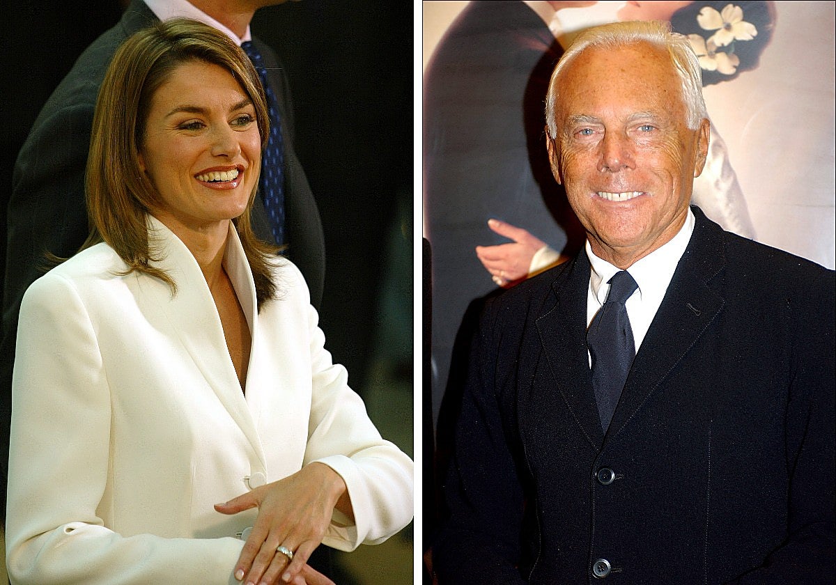 Doña Letizia el día de su pedida, cuando llevó un traje del diseñador Giorgio Armani (dcha)