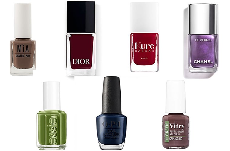 Esmalte de uñas Mahogany de Mia Cosmetics (7,95 euros); Dior Vernis edición limitada Plump Parade (34 euros); Esmalte de uñas Chérie Kure Bazaar (18 euros); Le Vernis Magnetic Muse de Chanel (40 euros); Esmalte de uñas clásico de Essie en color verde oliva (6,98 euros, en Primor); Fall Wonders Nail Lacquer de OPI en azul oscuro (9,92 euros en Primor); Esmalte de uñas Be Green Capuccino de Vitry (7,50 euros).