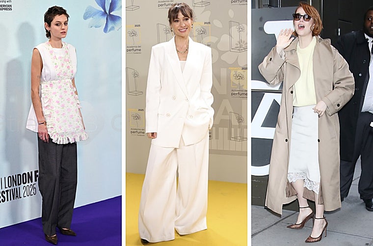 Las actrices Emma Corrin, Natalia Verbeke y Emma Stone con outfits blancos en Londres, Madrid y Nueva York.