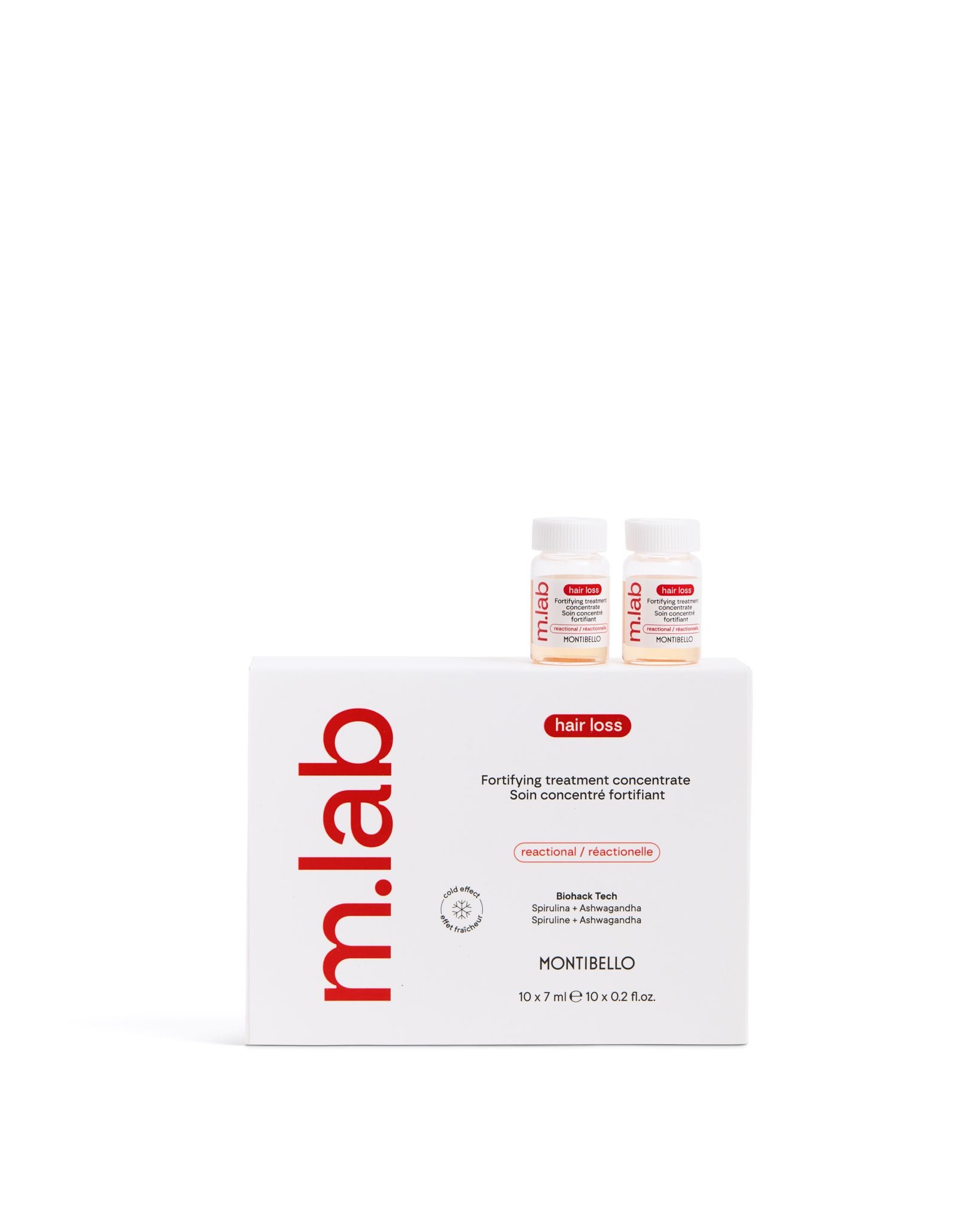 Tratamiento Fortifying Treatment Concentrate m.lab de Montibello (51,50 euros). Tratamiento intensivo sin aclarado. Refuerza el folículo piloso y mejora el anclaje, equilibra el cuero cabelludo y favorece la microcirculación. Su textura ligera y efecto frío generan un acabado no graso ni pegajoso.