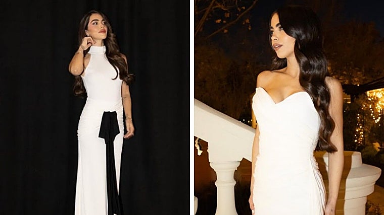 Violeta Mangriñan com vestido de Francisco Arce e Lila Mangriñan desenhado por Mario Salafranca