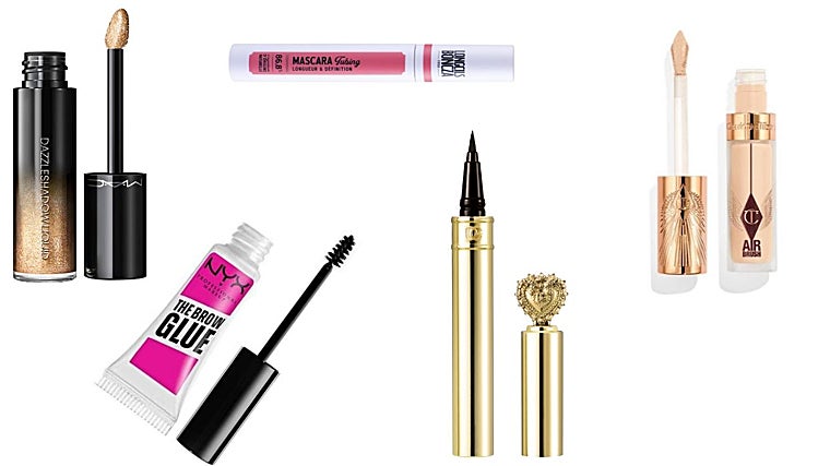 Sombras líquidas Dazzleshadow liquid glitter eye de MAC (29 €); Máscara tubo Longcils Boncza de Vitry (19,90 €); Fijador de cejas The Brow Glue de Nyx Professional Makeup (8,95 €); Delineador Everink Liner de Dolce&Gabbana Beauty (41 €); Corrector Airbrush Flawless Blur de Charlotte Tilbury (38 €).