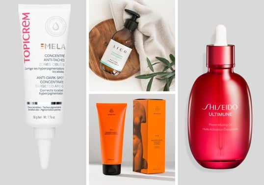 Algunos productos para el cuidado de la piel del cuerpo: Topicrem Mela Concentrado Antimanchas Zonas Localizadas (34,35 €); Retinol Reafirmante Serum de Lico (49,90 €); Emulsión Sublime Exfoliante Corporal de Arturo Alba (37 €); Aceite Infusor Shiseido Ultimune Power (65 €).