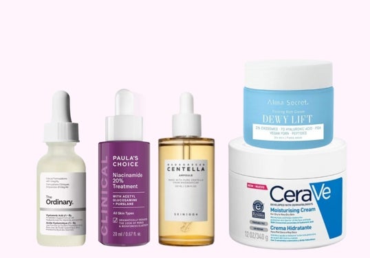 Ácido Hialurónico de The Ordinary, Niacinamida de Paula's Choice, ampolla de Centella Asiática de Skin1004, crema Dewy Lift de Alma Secret y crema hidratante con ceramidas de CeraVe.