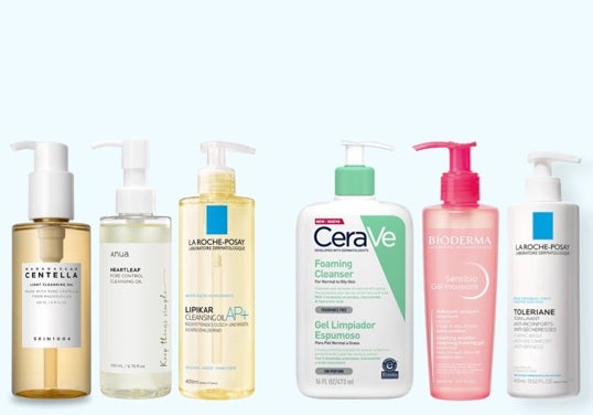 Limpiadores en base oleosa de Skin1004, Anua y La Roche-Posay y limpiadores en base acuosa de CeraVe, Bioderma y La Roche-Posay.