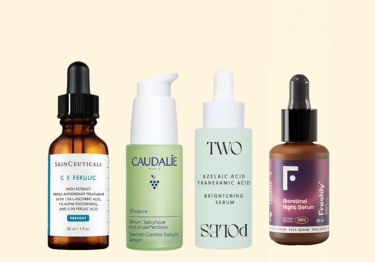 Vitamina CE Ferulic de SkinCeuticals, Vinopure con Ácido Salicílico de Caudalíe, Ácido Azelaico de Two Poles y Retinal de Freshly Cosmetics.