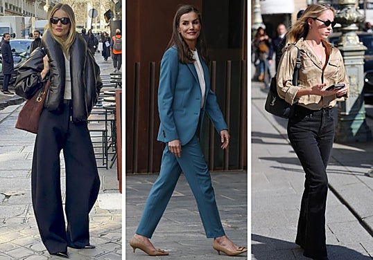 Rosie Huntington-Whiteley con pantalones 'barrel', la Reina Letizia con un traje tobillero y Lila Moss con los típicos vaqueros 'flare'.