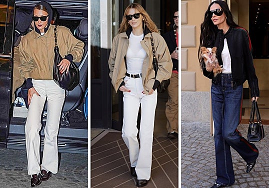 Bella Hadid, mismo look, pero con y sin capucha y Demi Moore con pantalones rectos algo 'flare' como los de la top.